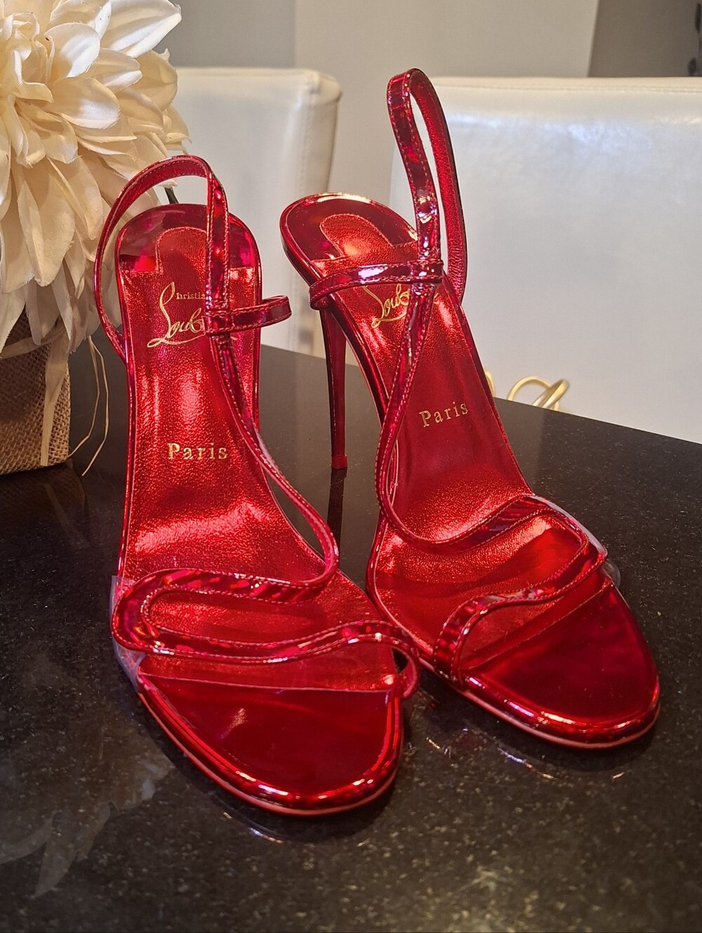 Christian Louboutin Rosalie 100 Metallic Red Patent Leather Strappy Sandal Heels